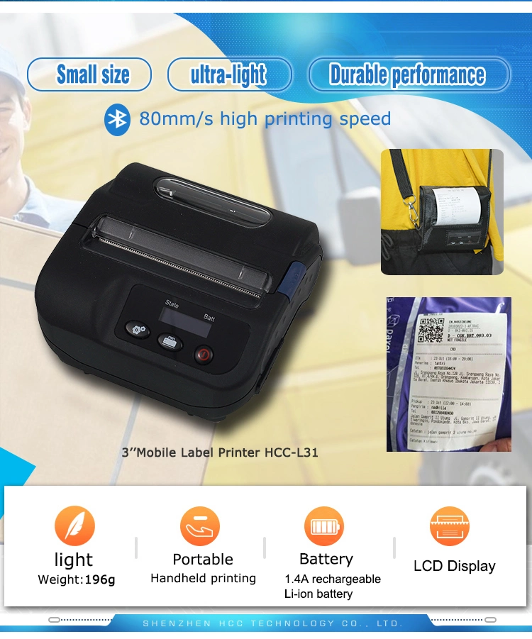 Multi-Function 80mm/S USB+Bt Handheld Mobile Biometric Product Textile Shipping Thermal Label Printer (HCC-L31)